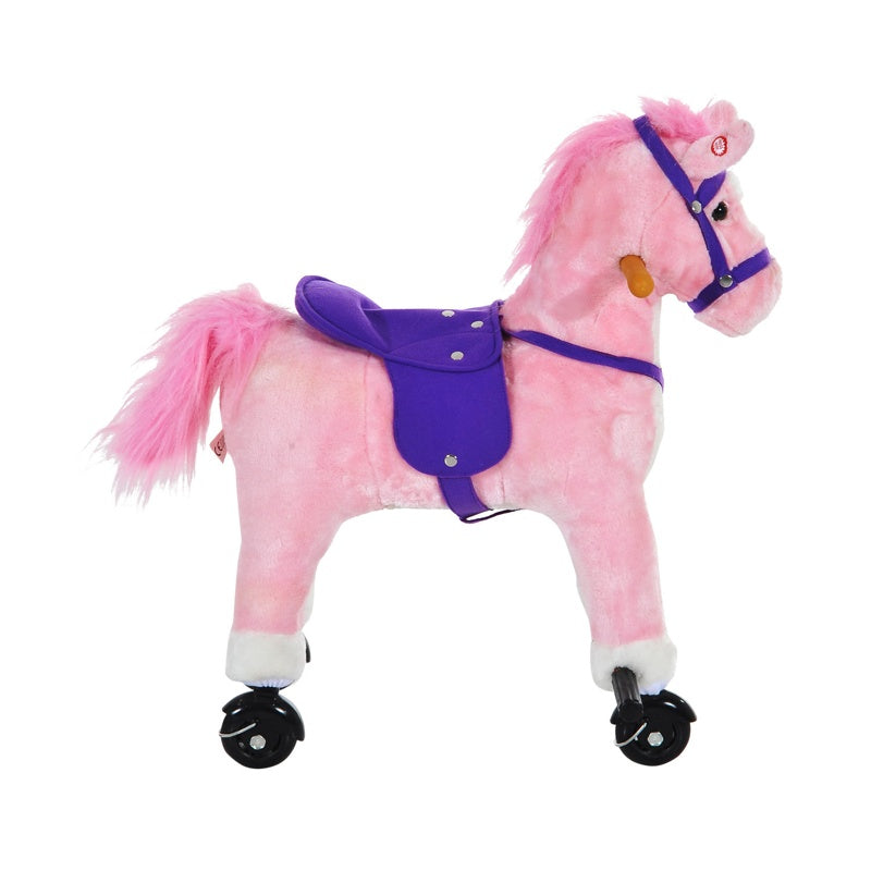 HOMCOM Rocking Horse Kids Ride on Walking Horse Animal Pony Wheeled Riding Plush Toy w/Sound for 3 Years and Up (Pink)