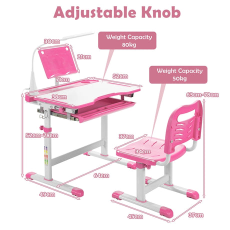 Height Adjustable Kids Study Table and Chair Set with Bookstand-Pink