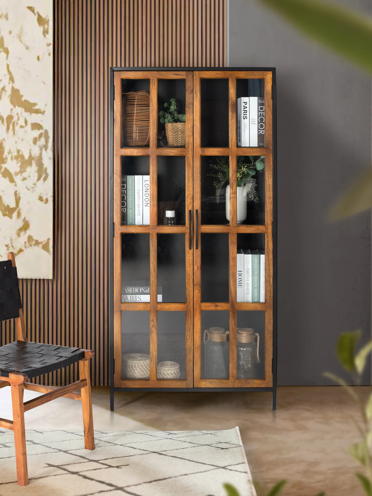 Giner and Colomer - 2-Door Display Cabinet With Metal Frame & Mango Wood Doors