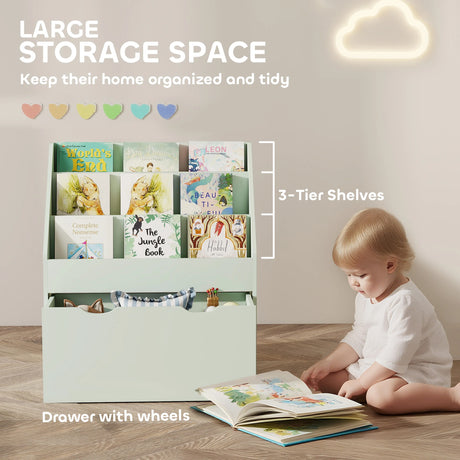 AIYAPLAY Bookcase for Kids with Shelves, Drawer, Bookcase for Bedroom, Playroom, Green