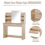 HOMCOM Modern Dressing Table Writing Desk W/ Mirror, Big Drawers, 2-Tier Open Shelf For Home Bedroom Natural