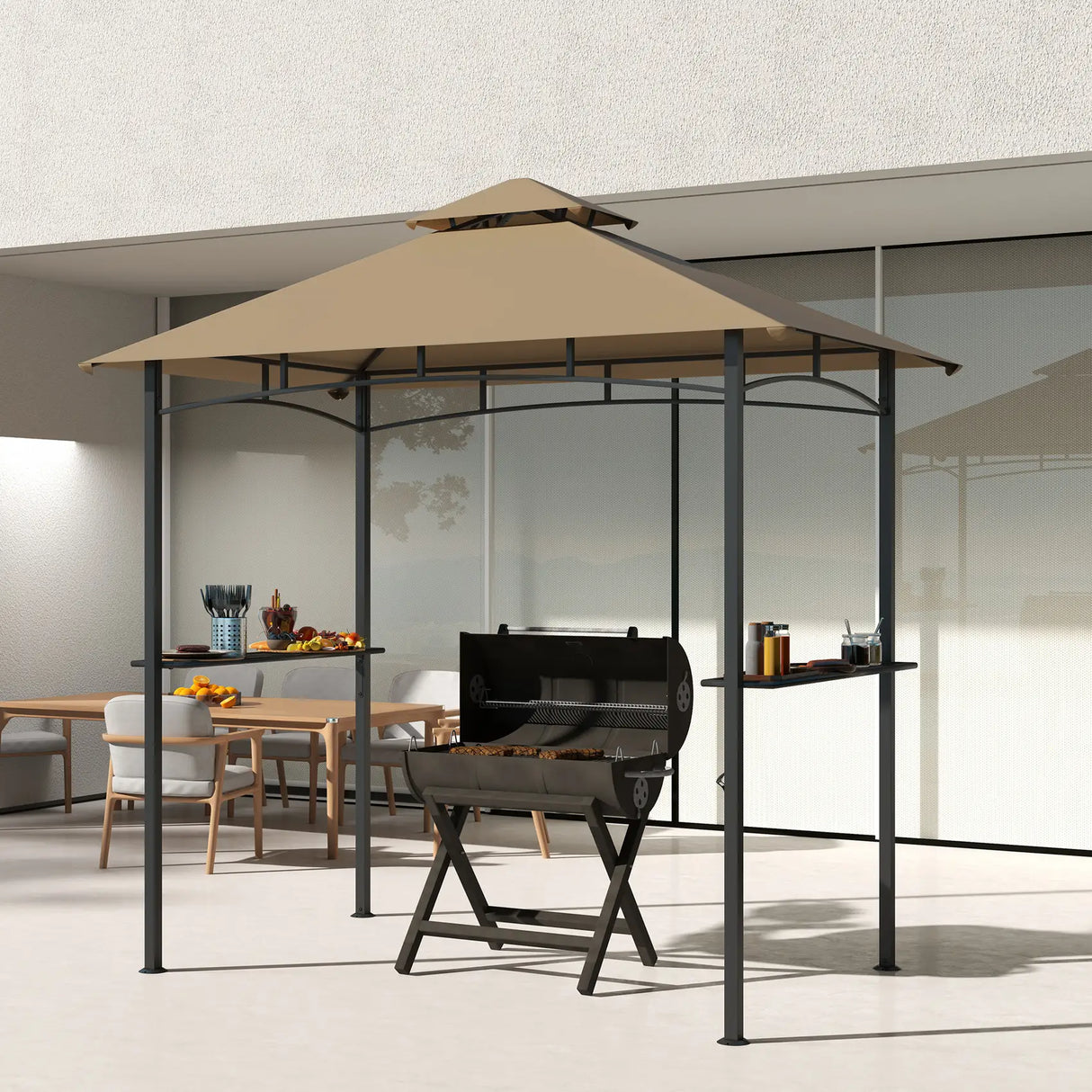 Outsunny 2.5x1.5m (8'x5') Grill Gazebo Canopy, Double Tiered Outdoor BBQ Gazebo Shelter with 2 Side Shelves for Garden, Patio, Barbecue, Picnic, Khaki