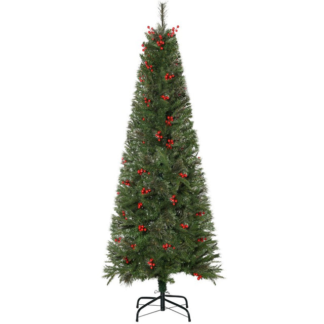 HOMCOM 7ft Pencil Artificial Christmas Tree with Realistic Branches, Red Berries, Auto Open, Green