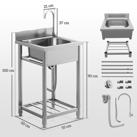 HOMCOM Outdoor Utility Sink, Free Standing Single Bowl Kitchen Sink with Cold and Hot Water Pipe and Storage Shelf for Laundry Garage, Silver Tone