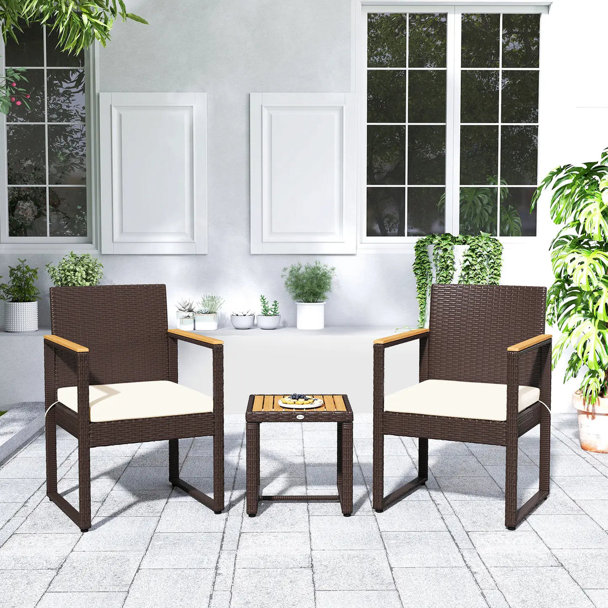 Outsunny Three-Piece Rattan Chair Set - White
