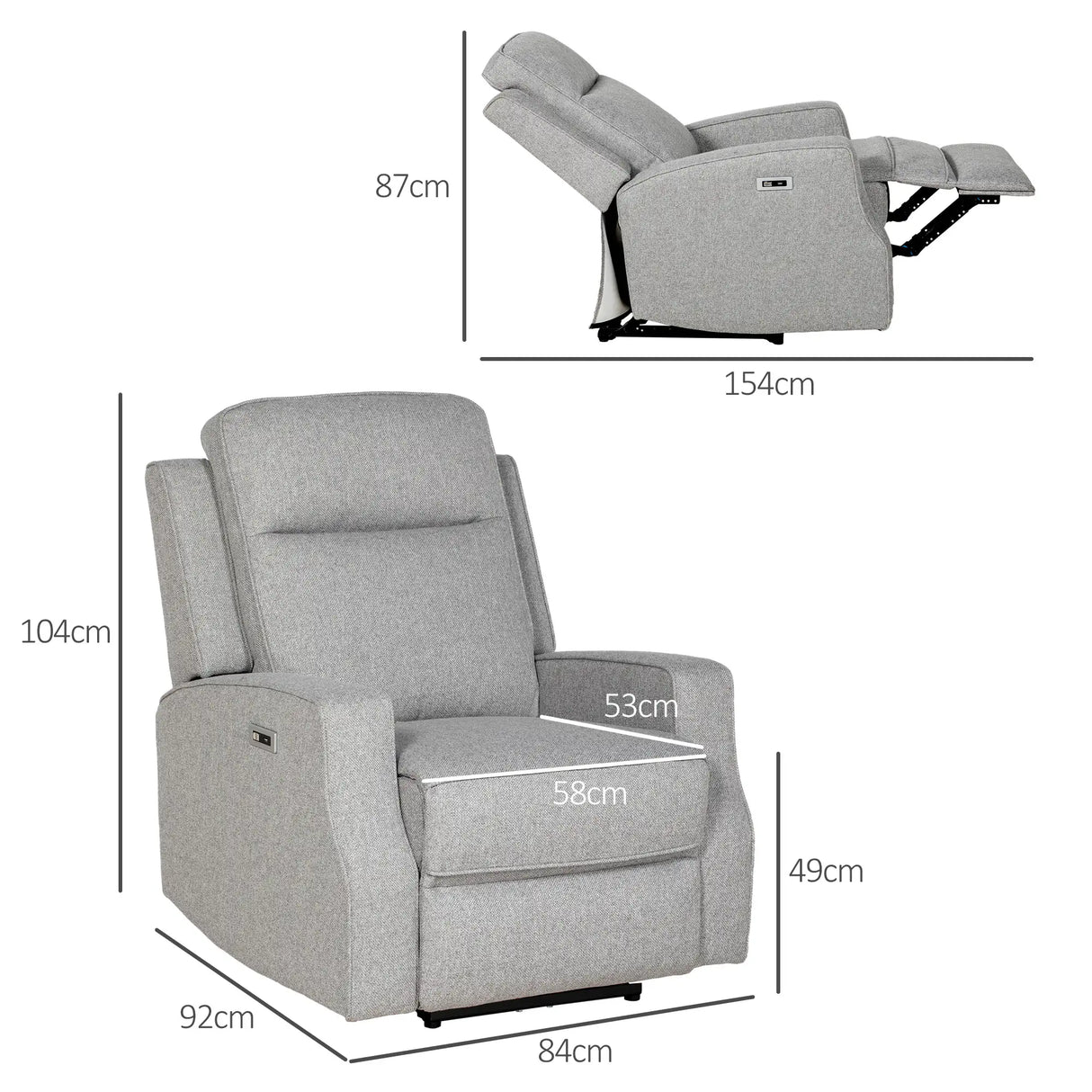 HOMCOM 150 Electric Reclining Chair, with USB port and Footrest - Grey