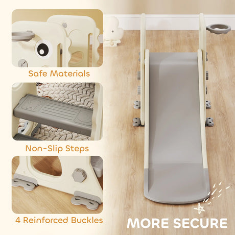 AIYAPLAY 3 in 1 Kids Slide with Climber, Basketball Hoop and Ball, Foldable Indoor Toddler Slide for Ages 2-5, Cream White