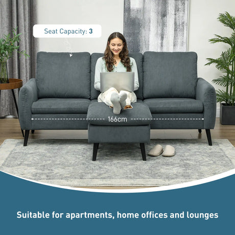 HOMCOM 3 Seater Sofa with Ottoman, 196cm Corduroy L-shaped Sofa Couch with Scatter Back, Reversible Chaise Lounge for Living Room, Home Office, Small Spaces, Charcoal Grey