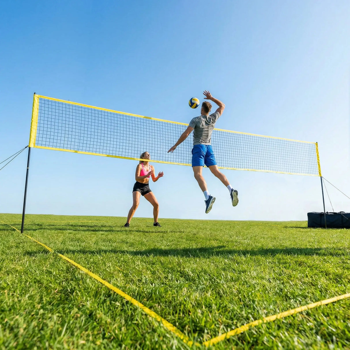 SPORTNOW Portable Volleyball Net Set with Adjustable Height Steel Poles, Volleyball, Boundary Line and Carrying Bag for Beach