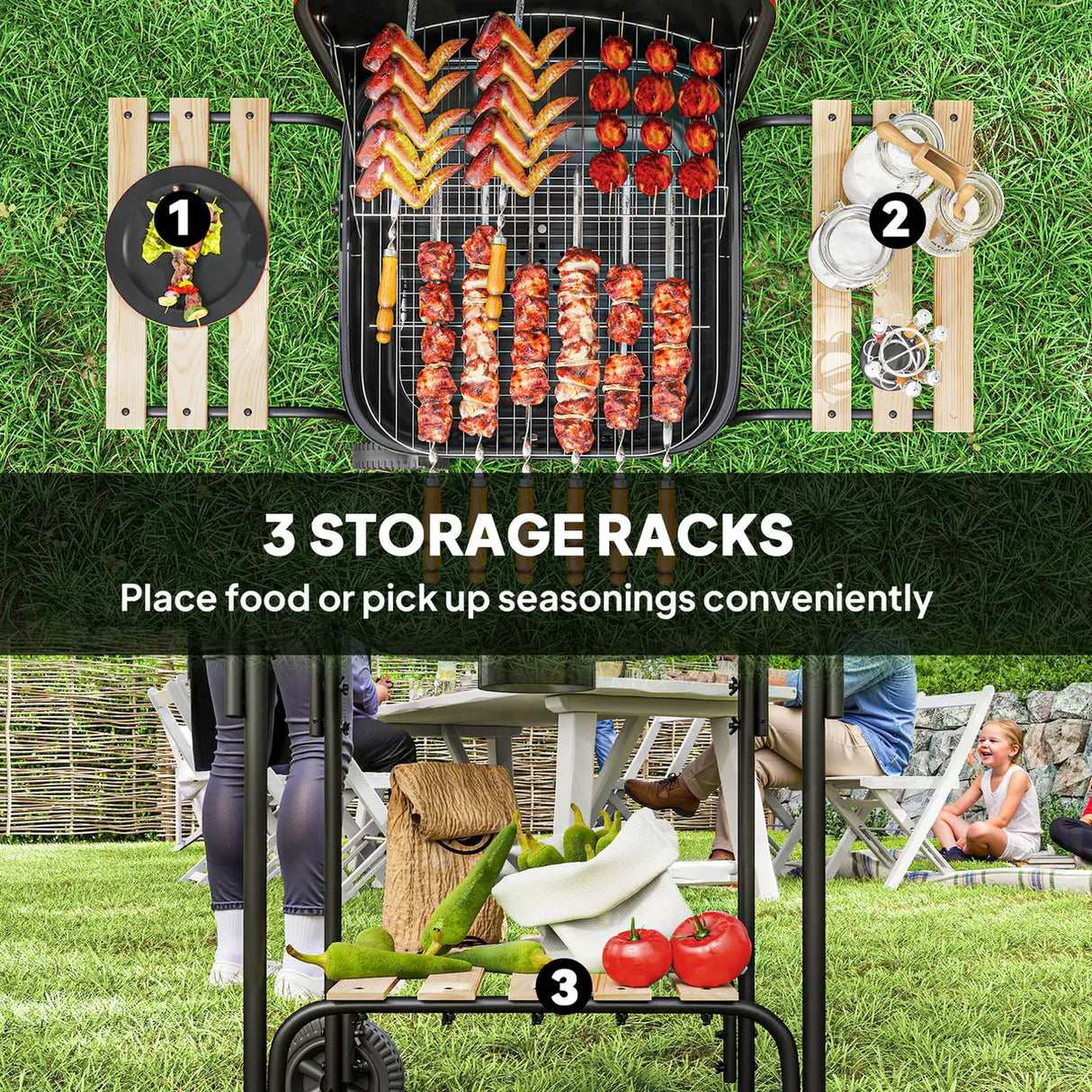 Outsunny Charcoal Barbecue Grill Portable BBQ Grill with 1840 cm2 Cooking Area, 3 Shelves, Adjustable Vent, Lockable Lid, Wheels for Outdoor Cooking, Garden Party, Red