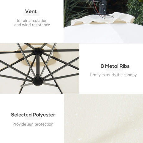 Outsunny Umbrella Parasol W/Solar Powered LED strips, 2.95x2.45H m-Cream