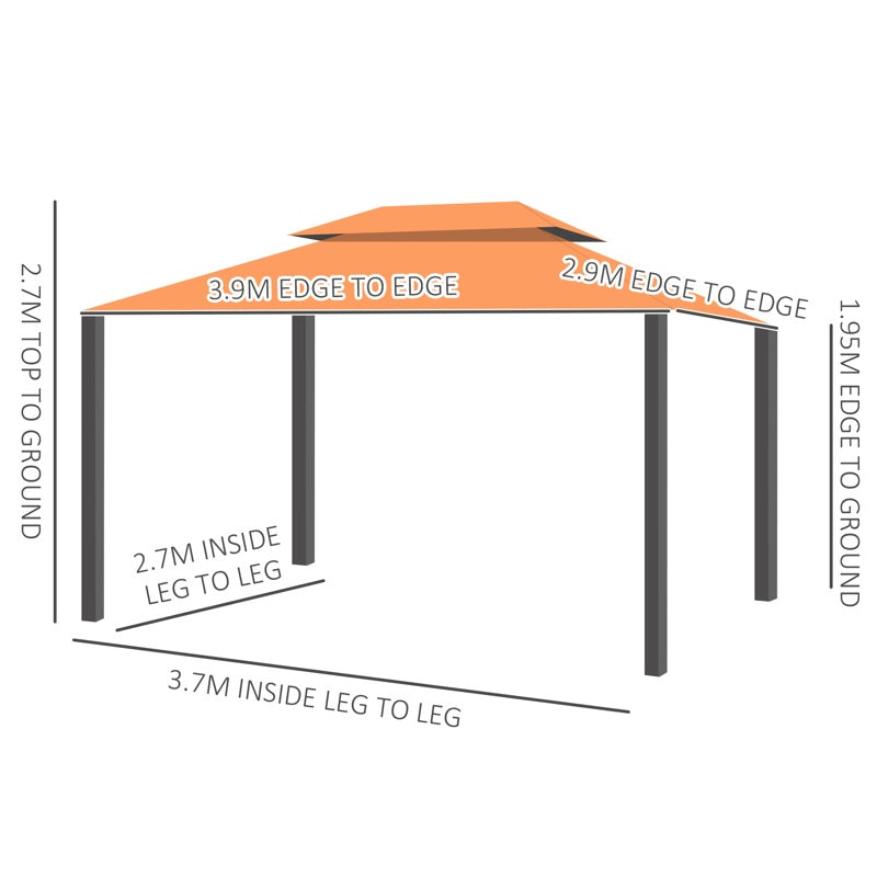 Outsunny 4 x 3 m Aluminum Garden Gazebo, Double Roof Outdoor Gazebo Canopy Shelter with Netting & Curtains for Garden, Lawn, Backyard and Deck, Orange