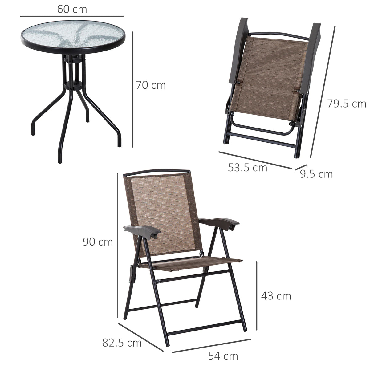 Outsunny 3 Piece Outdoor Bistro Set, Patio Conversation Furniture Set with 2 Folding Backrest Adjustable Armchairs and Glass Top Coffee Table, Brown