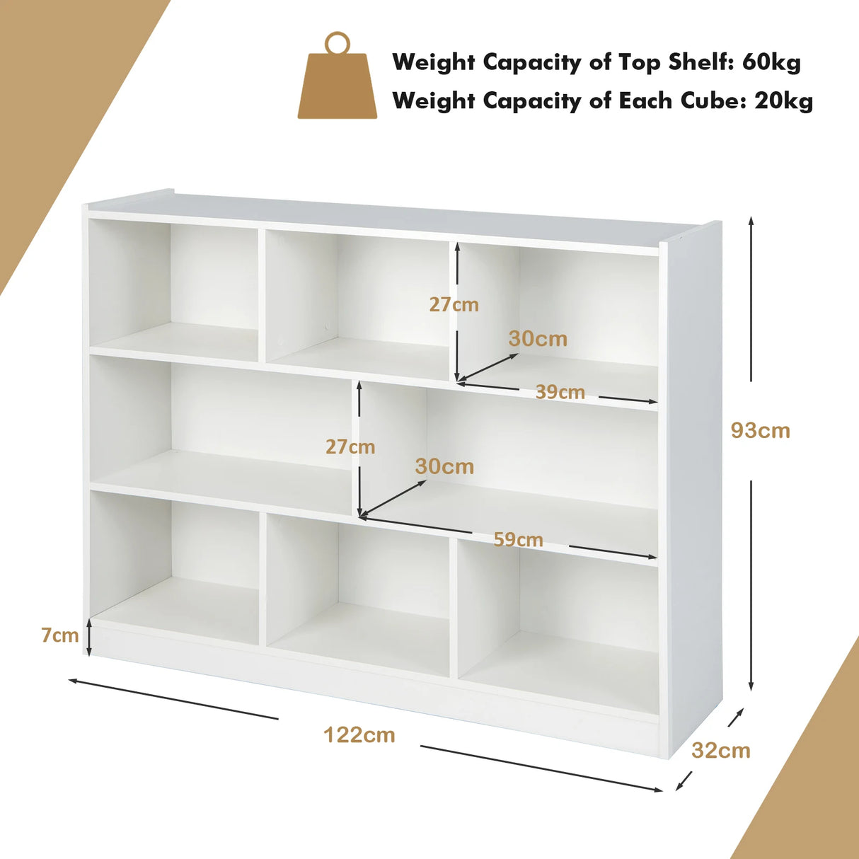 3-Tier Open Bookshelf Storage Cabinet with 8 Cubies-White