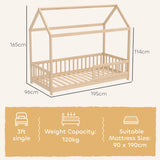 HOMCOM House-Shaped Kids Bed Frame with Guard Rails, Solid Pine Wood Single Bed Frame for Kids Boys and Girls, Natural