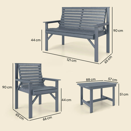 Outsunny 4 Piece Wooden Garden Furniture Set, Outdoor Garden Sofa Set with 2 Armchairs, Loveseat and Coffee Table, Grey