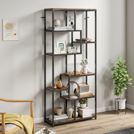 HOMCOM Seven-Tier Geometric Bookcase - Brown/Black