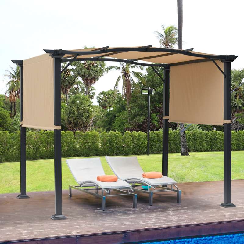 Outsunny Outdoor Retractable Pergola Garden Gazebo with Two Adjustable Side Canopy Overhead Sun Shade Backyard Canopy Cover, Steel Khaki 2.96x2.45x2.3m