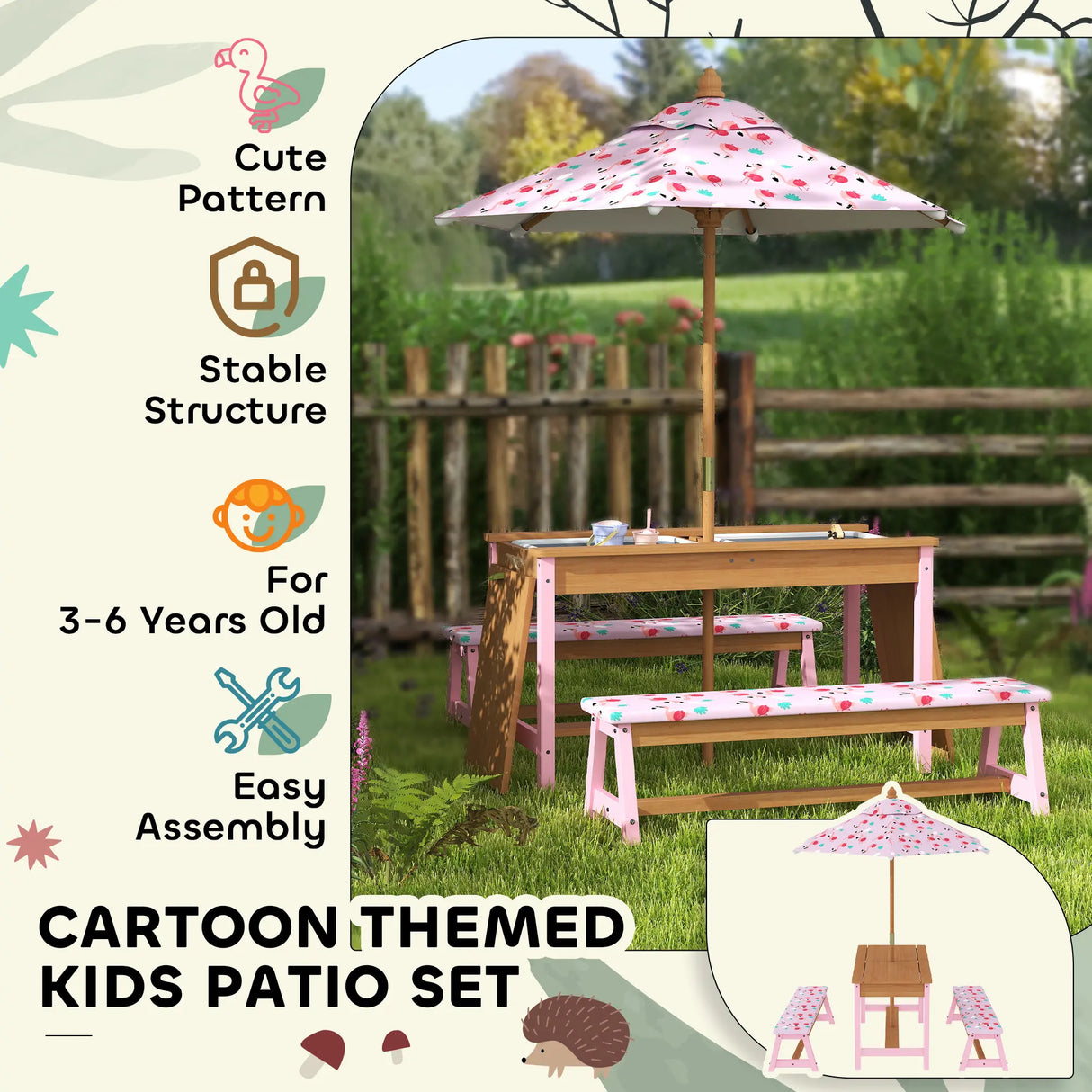AIYAPLAY Kids Picnic Table Set with Removable & Foldable Umbrella, Cushions, Storage Boxes, Flamingo Theme, Pink