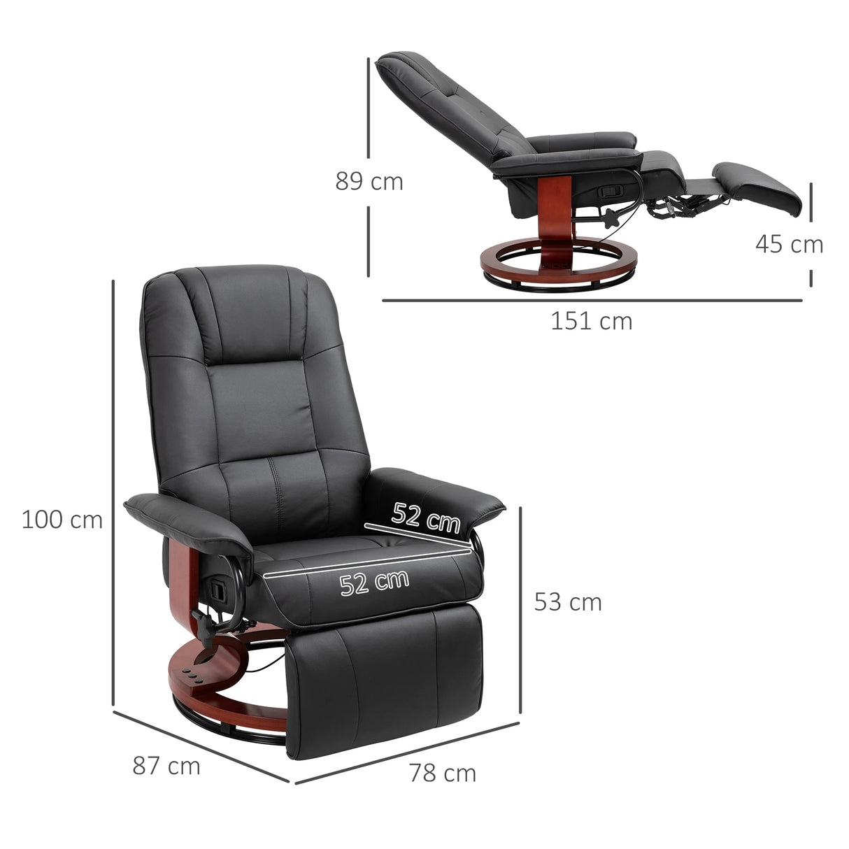 HOMCOM 360 Swivel Recliner Chair with Footstool, Faux Leather Upholstered Armchair for Living Room, Bedroom, Office, Black