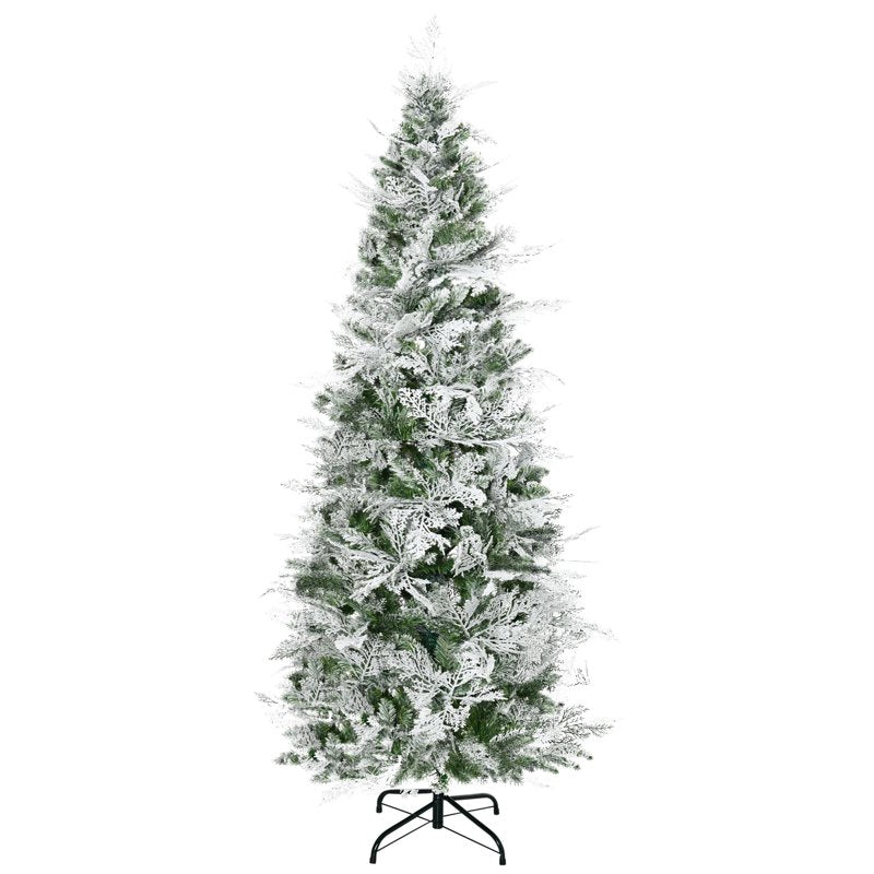 HOMCOM 6 Ft Pencil Snow Flocked Artificial Christmas Tree with Realistic Cypress Branches, Auto Open, Green