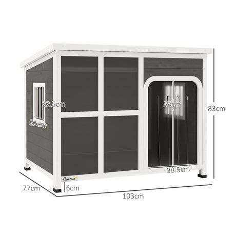 PawHut Wooden Outdoor Dog House, with Asphalt Openable Top, Removable Floor, Clear Front Panel, Curtain, 103 x 77 x 83cm