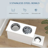 PawHut Raised Dog Bowls w/ Slow Feeder Mat, Storage Cabinet, Three Stainless Steel Bowls, Semi Auto Dispenser Function, White