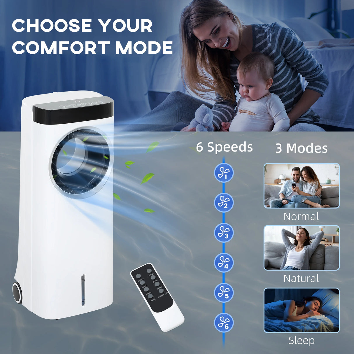HOMCOM Evaporative Air Cooler, 6.5L 4-in-1 Bladeless Portable Cooler, Fan, Humidifier, Air Clean Anion with Oscillation, 6 Speeds, 24H Timer, Sleep Mode, 2 Ice Packs, Wheels, Remote, for Home Office