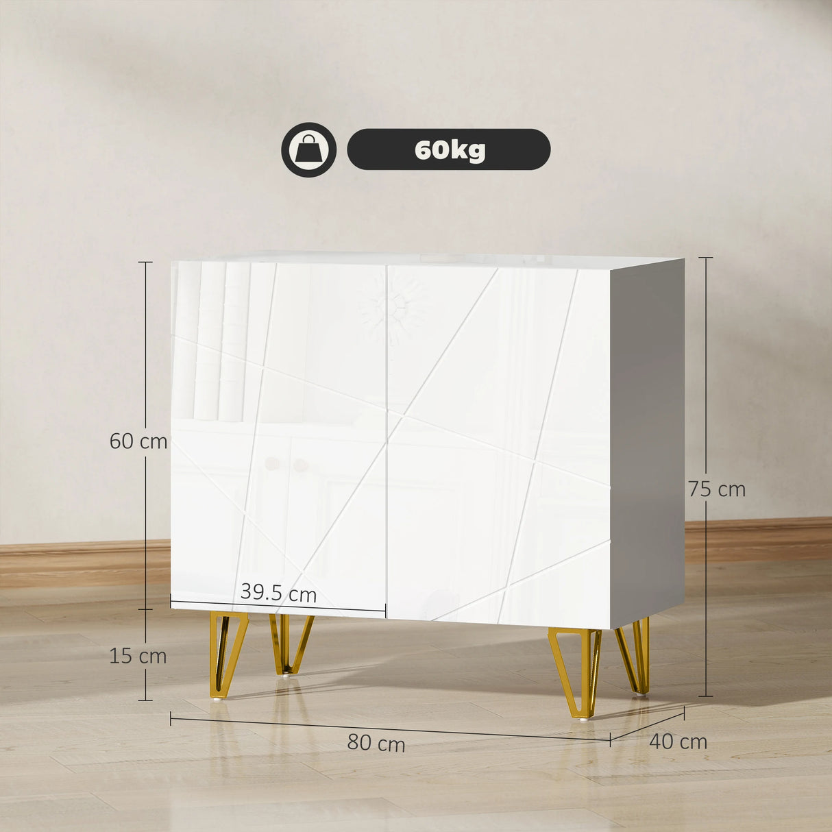 HOMCOM Modern Luxe High Gloss Sideboard, with Hairpin Legs - White