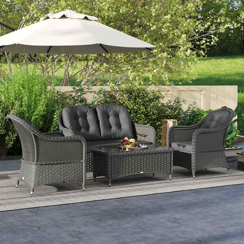 Outsunny Four-Piece Rattan Sofa Set, with Glass-Top Table - Light Grey