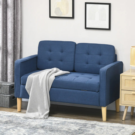 HOMCOM Modern Loveseat Sofa, Compact 2 Seater Sofa with Hidden Storage, 117cm Tufted Cotton Couch with Wood Legs, Blue