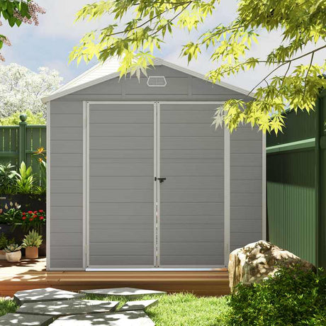 Outsunny 7.9ft x 6.2ft Aluminium Frame and Plastic Wall Shed, with Foundation - Light Grey