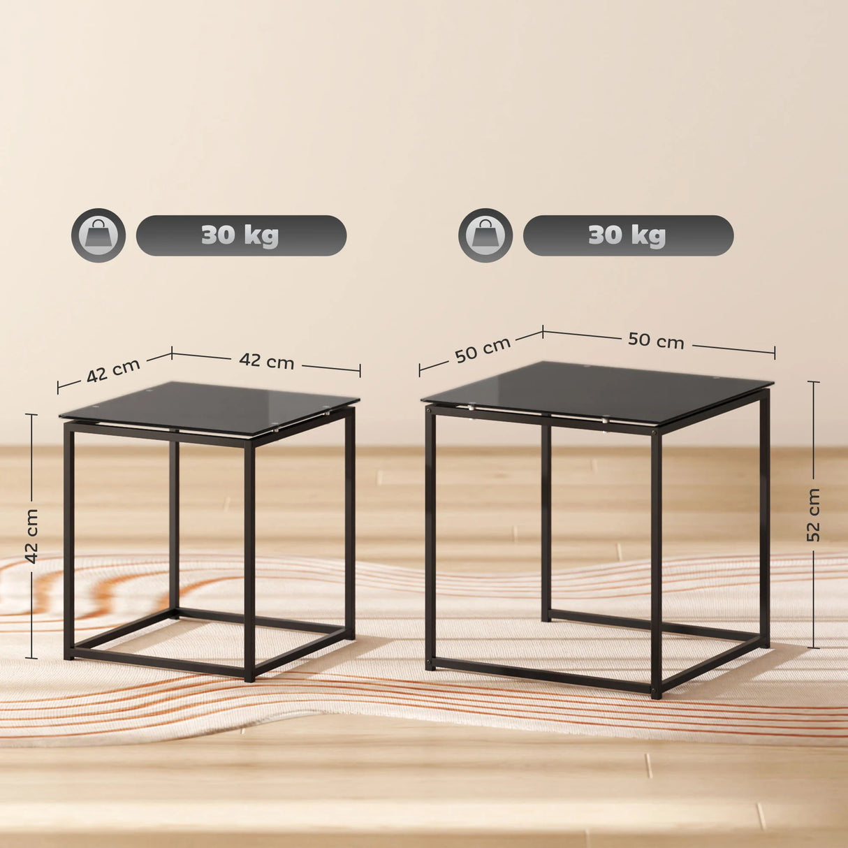 HOMCOM Nest of Tables, Set of 2 Coffee Table, Side Tables with Tempered Glass Desktop and Metal Frame for Living Room, Bedroom, Office, Black