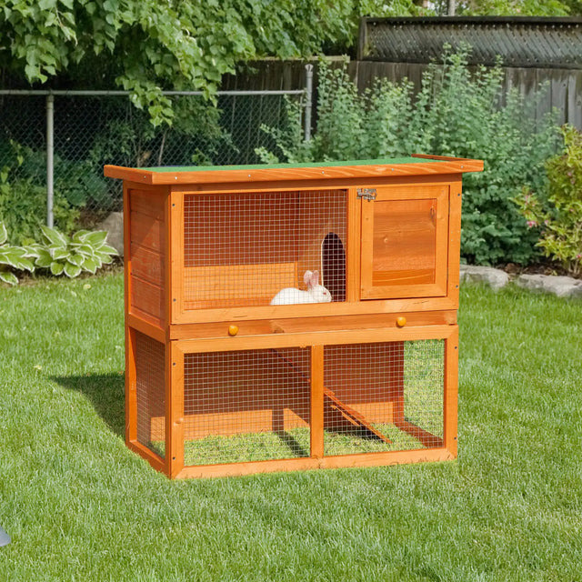 PawHut Rabbit Hutch Outdoor Guinea Pig Hutch Wooden Pet Cage Run 2-Tier with Opening Top, 90 x 45 x 80cm