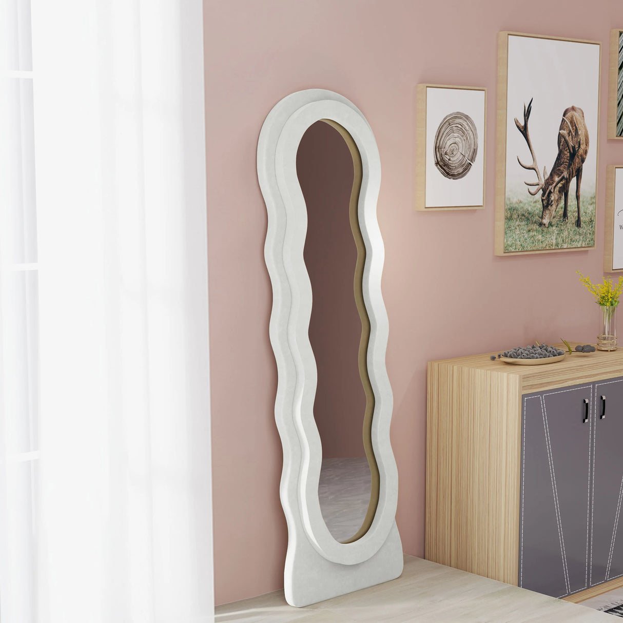 HOMCOM Wavy Velvet-Feel Full Length Mirror - White