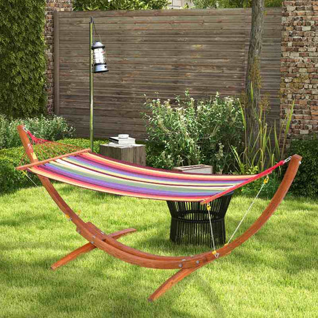 Outsunny Outdoor Hammock with Stand, Free Standing Hammock with Arc Wooden Frame and 200 x 100cm Fabric, Garden Swing Hanging Bed with Safe Ropes, Multicolour