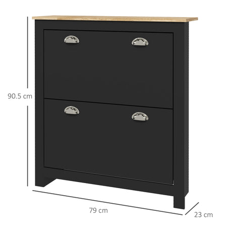 HOMCOM 2 Drawer Shoe Cabinet Modern Narrow Shoe Cupboard Hallway Wooden Storage Organiser with Flip Doors Adjustable Shelf for 6-12 Pairs, Black