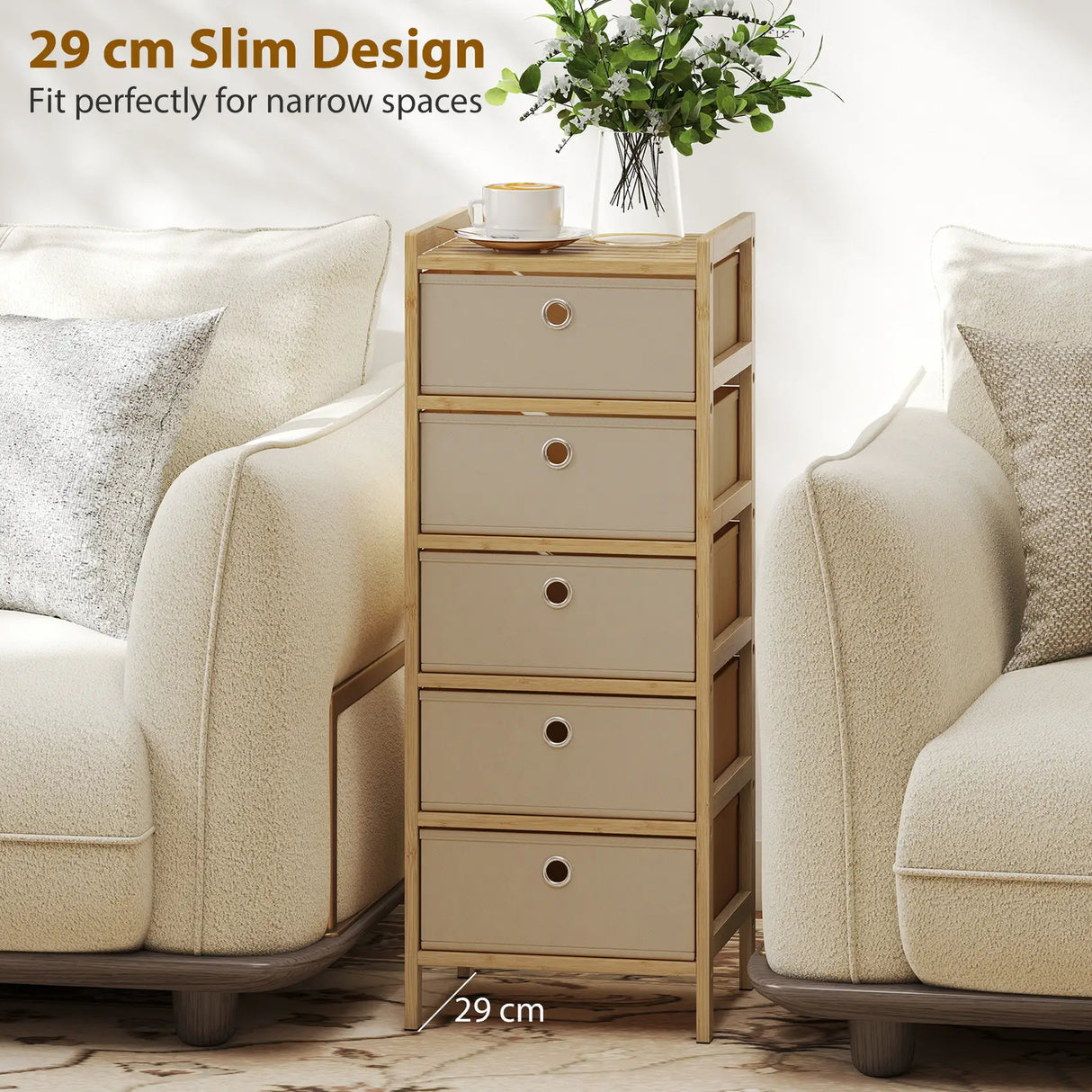 HOMCOM Chest of Drawers, 5 Fabric Drawers Narrow Dresser with Bamboo Frame, Cream White
