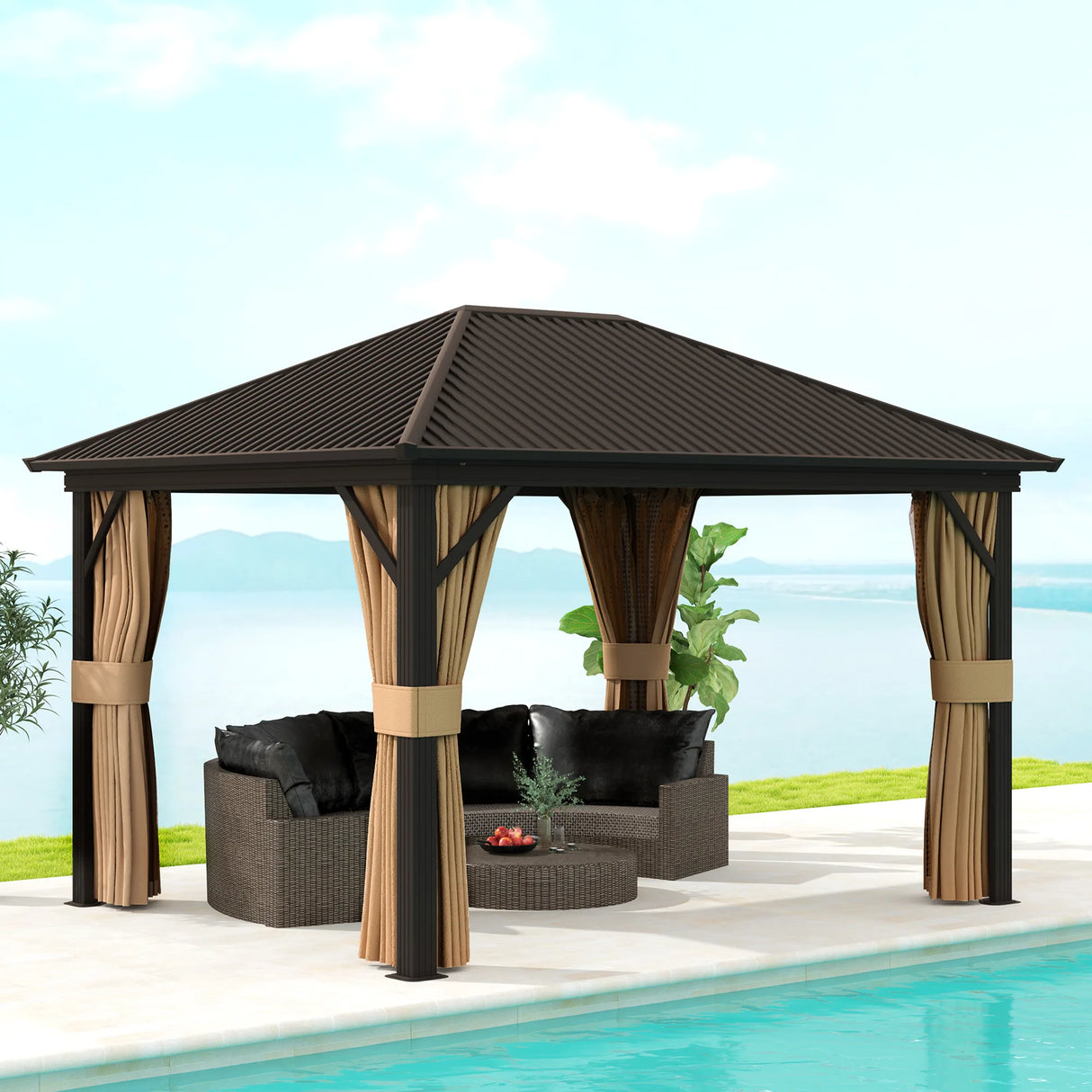 Outsunny 3.6 x 3 m Aluminium Hardtop Gazebo, with Accessories - Brown