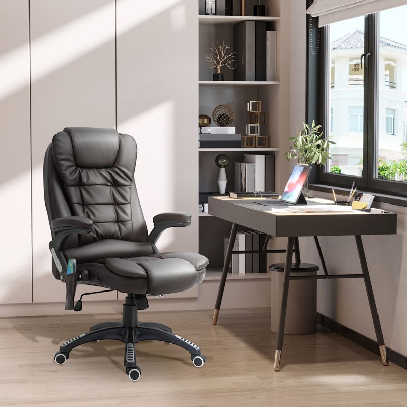 HOMCOM 6-Point Massage Office Chair with Seat Heated for Home Office, PU Leather High Back Executive Desk Chair with Adjustable Height and 360 Swivel for Work Study, Brown