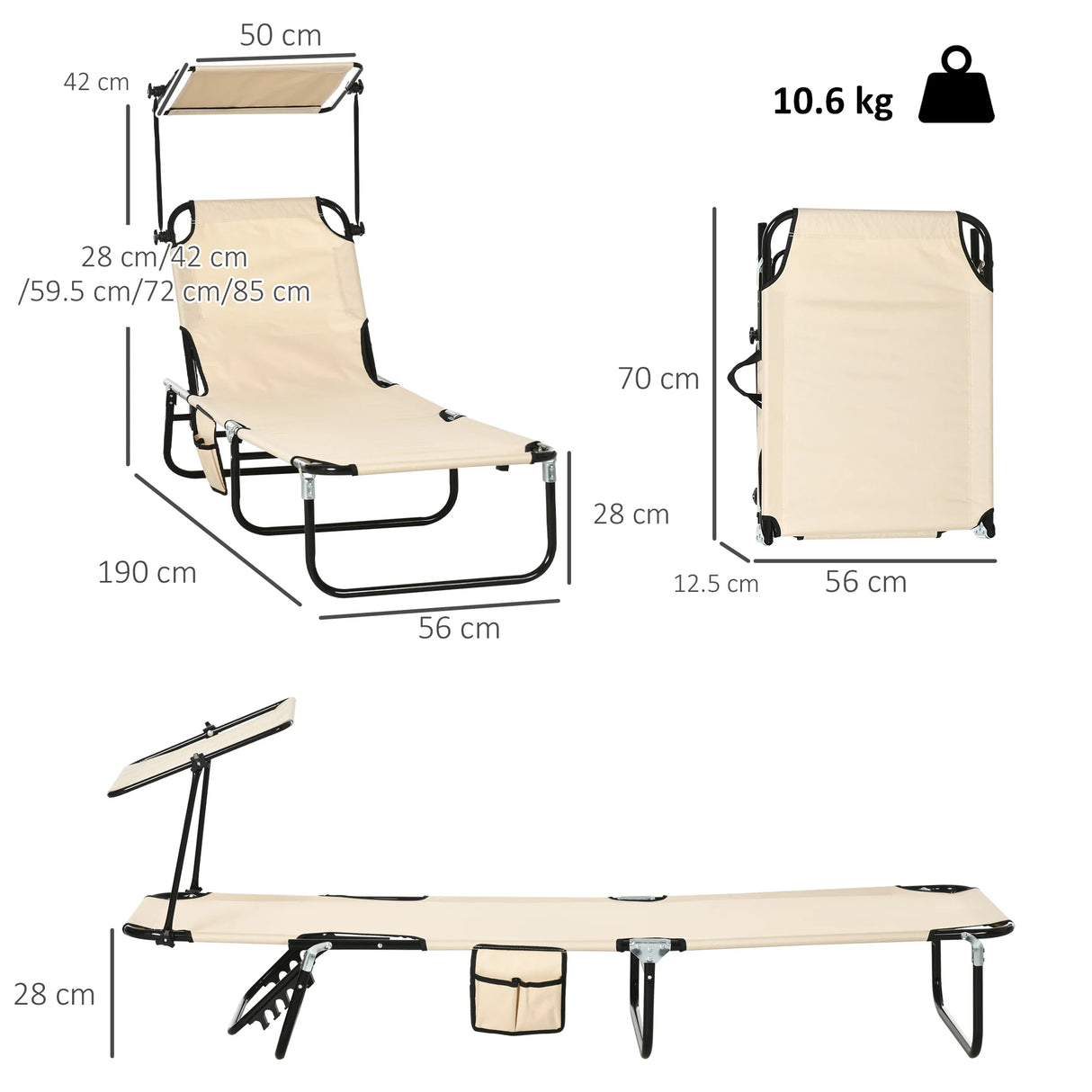 Outsunny 2 Piece Folding Sun Loungers with Canopy, Adjustable Recliner Garden Chairs with Side Pocket, Steel Frame and Breathable Mesh for Outdoor, Pool, Beach, Garden, Tan Brown