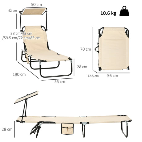 Outsunny 2 Piece Folding Sun Loungers with Canopy, Adjustable Recliner Garden Chairs with Side Pocket, Steel Frame and Breathable Mesh for Outdoor, Pool, Beach, Garden, Tan Brown