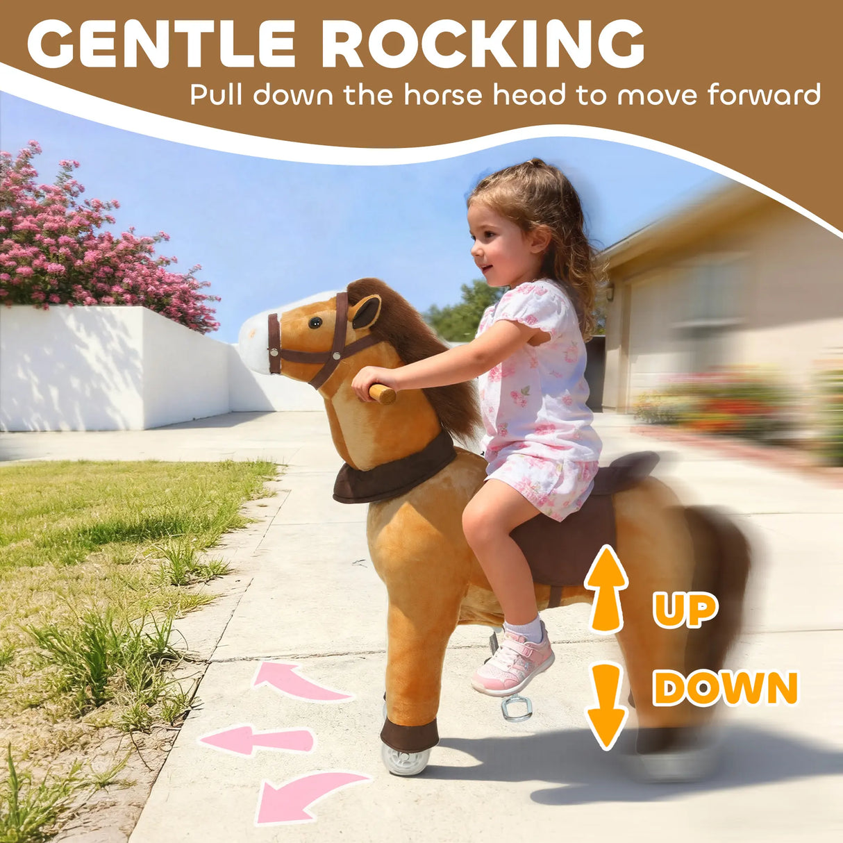 AIYAPLAY Ride On Horse, Plush Walking Horse Toy with Wheels and Saddle for Ages 3-5 Years Old, Dark Brown