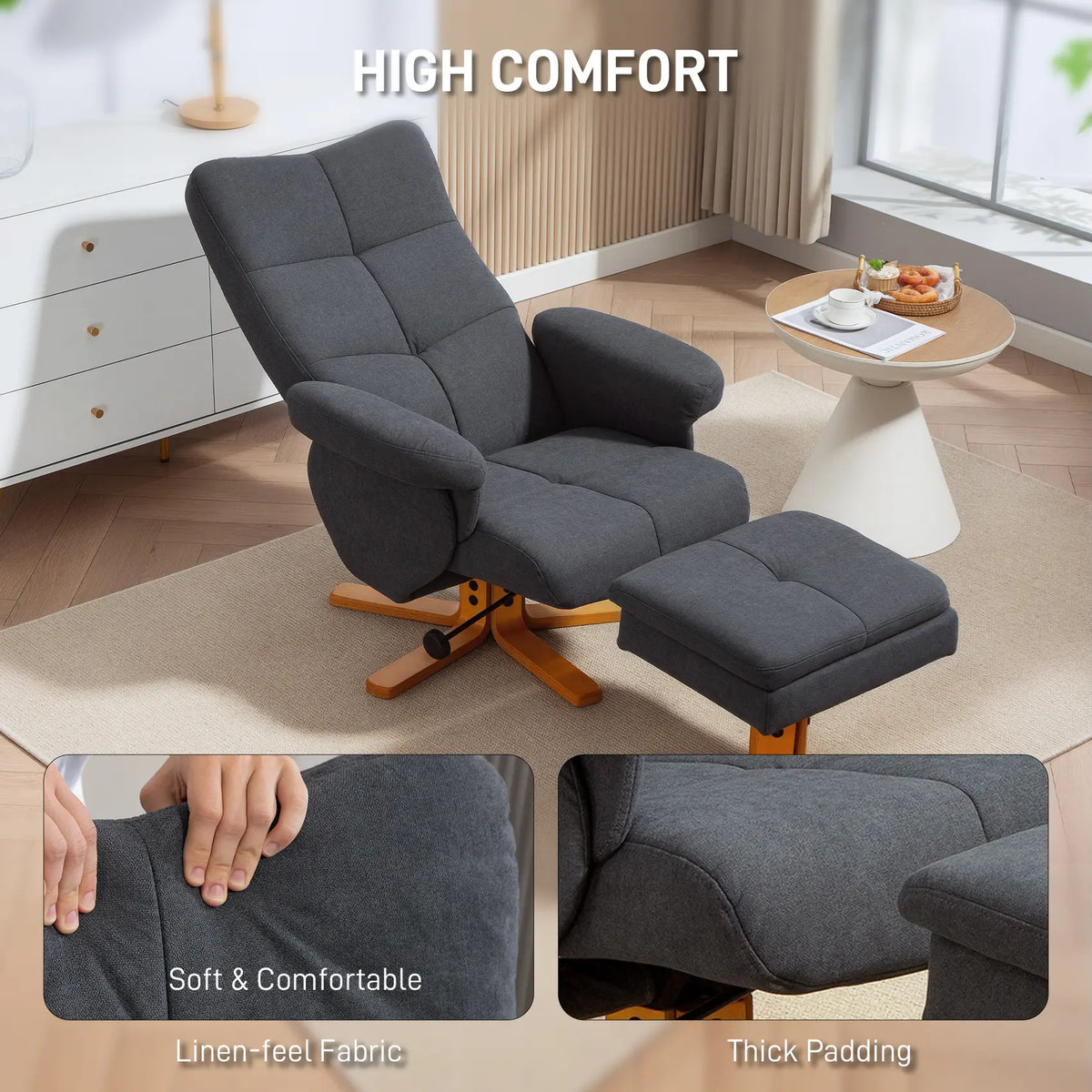 HOMCOM Linen-Look Recliner, with Storage Ottoman - Grey