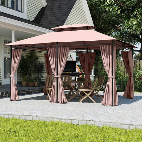 Outsunny 4m x 3(m)Garden Gazebo, Double Roof Outdoor Gazebo Canopy Shelter with Curtains, Solid Steel Frame for Patio, Garden, Brown