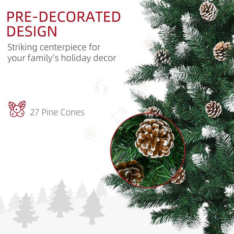 HOMCOM 5 Ft Snow Artificial Christmas Tree with Realistic Branches, Pine Cone, for Indoor Decoration, Green White