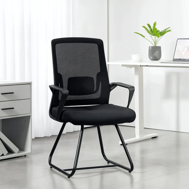 HOMCOM Desk Chair No Wheels, Office Chair with Mesh Back, Lumbar Support, Metal Base for Waiting Room, Conference Room, Black