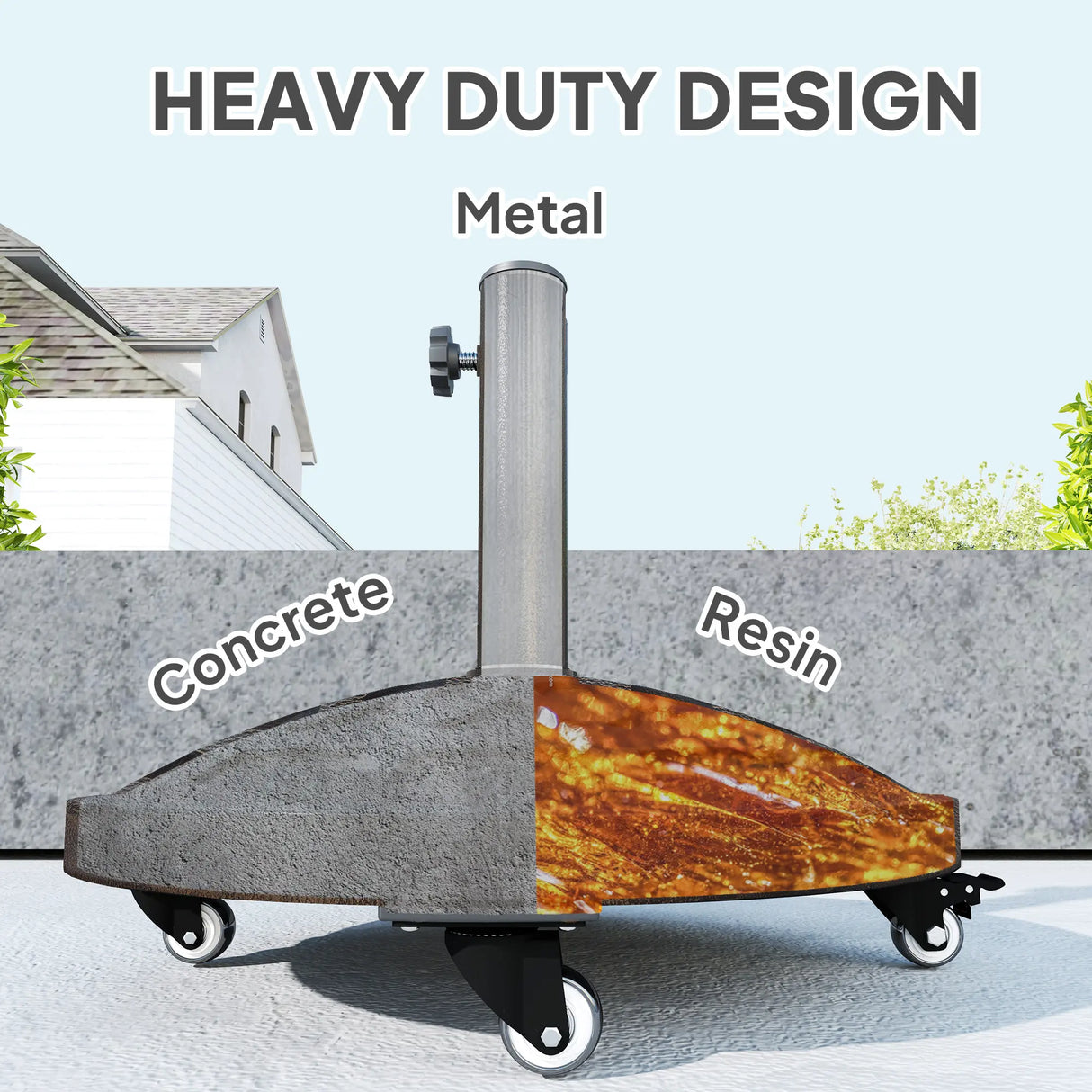 Outsunny 21kg Resin Garden Parasol Base with Wheels, Round Umbrella Stand, Heavy Duty Sun Umbrella Base for 32, 38, 48 mm Umbrella Poles for Deck Poolside, Bronze Tone