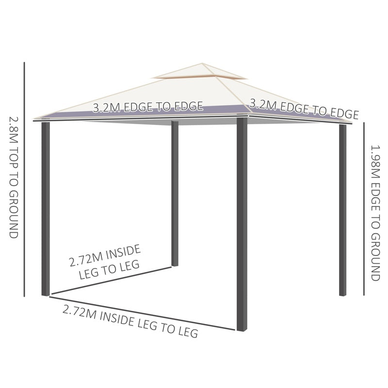 Outsunny 3.2 x 3.2m Garden Gazebo, Double Roof Outdoor Gazebo Canopy Shelter with Netting, Solid Steel Frame for Garden, Lawn, Backyard and Deck