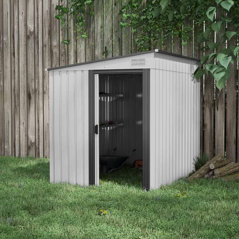 Outsunny 7 x 5ft Galvanised Metal Shed, with Sliding Door - White